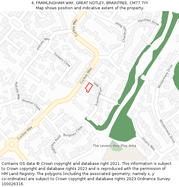 4, FRAMLINGHAM WAY, GREAT NOTLEY, BRAINTREE, CM77 7YY: Location map and indicative extent of plot