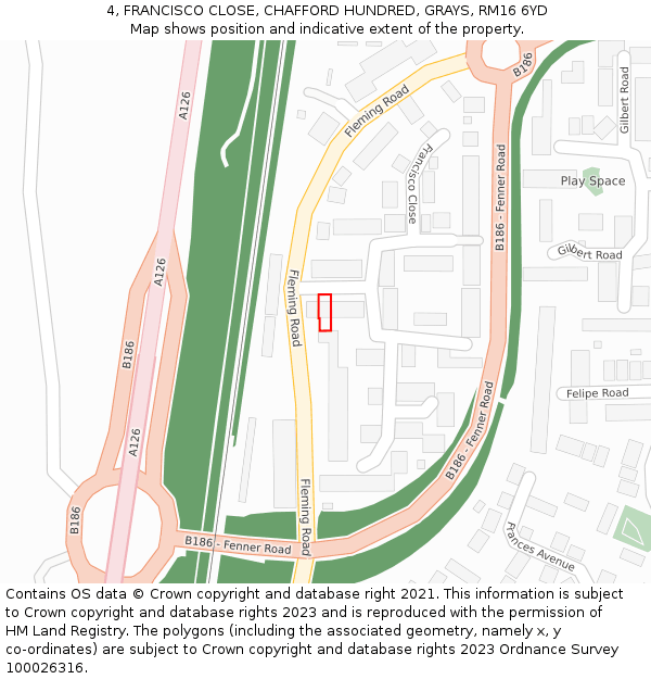 4, FRANCISCO CLOSE, CHAFFORD HUNDRED, GRAYS, RM16 6YD: Location map and indicative extent of plot