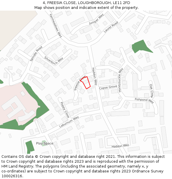 4, FREESIA CLOSE, LOUGHBOROUGH, LE11 2FD: Location map and indicative extent of plot