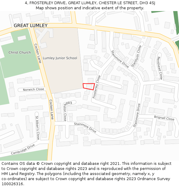 4, FROSTERLEY DRIVE, GREAT LUMLEY, CHESTER LE STREET, DH3 4SJ: Location map and indicative extent of plot