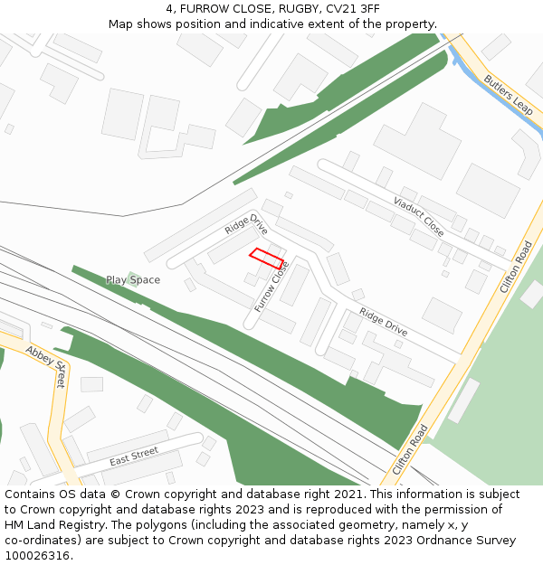 4, FURROW CLOSE, RUGBY, CV21 3FF: Location map and indicative extent of plot