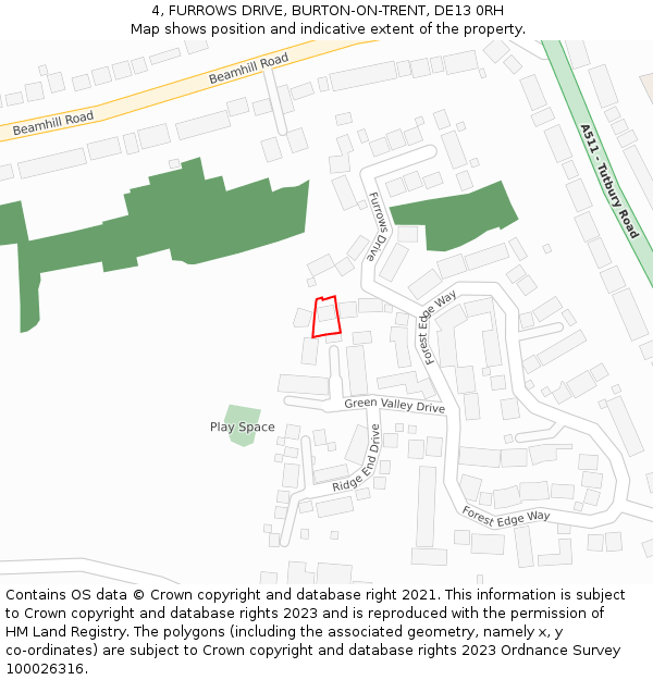 4, FURROWS DRIVE, BURTON-ON-TRENT, DE13 0RH: Location map and indicative extent of plot