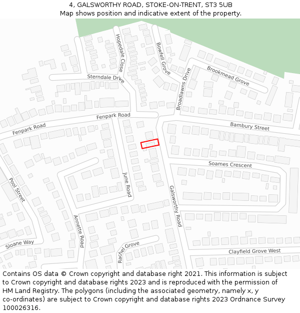 4, GALSWORTHY ROAD, STOKE-ON-TRENT, ST3 5UB: Location map and indicative extent of plot