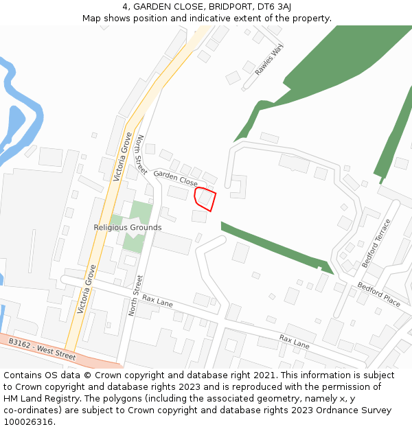 4, GARDEN CLOSE, BRIDPORT, DT6 3AJ: Location map and indicative extent of plot