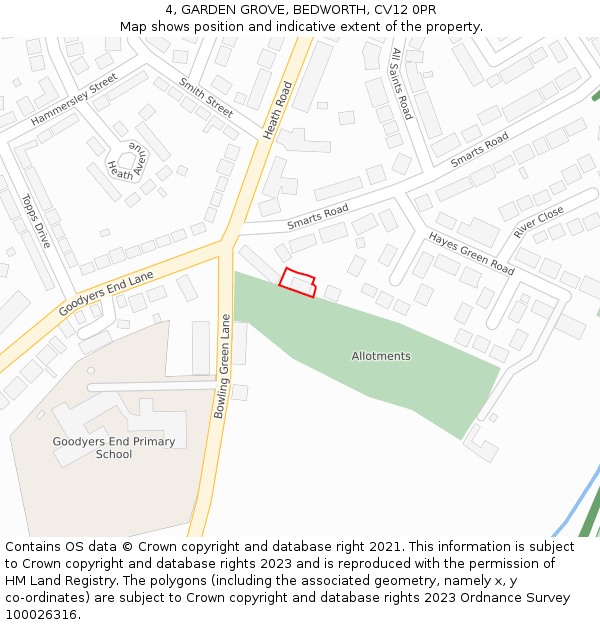 4, GARDEN GROVE, BEDWORTH, CV12 0PR: Location map and indicative extent of plot