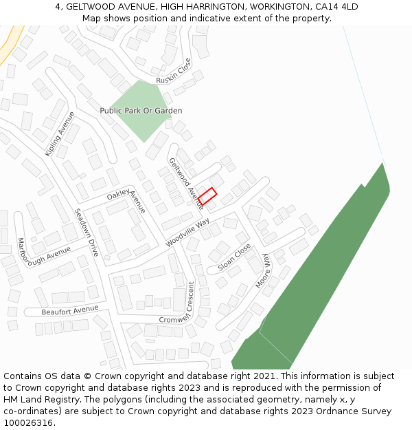 4, GELTWOOD AVENUE, HIGH HARRINGTON, WORKINGTON, CA14 4LD: Location map and indicative extent of plot