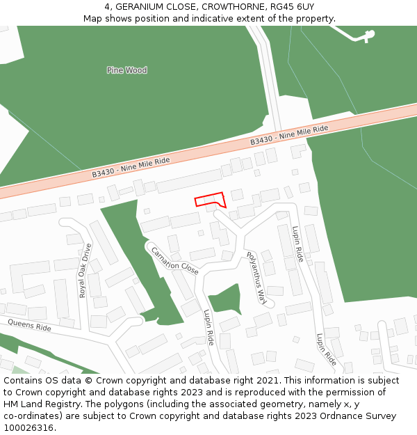 4, GERANIUM CLOSE, CROWTHORNE, RG45 6UY: Location map and indicative extent of plot