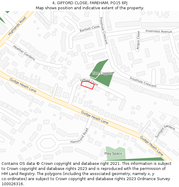 4, GIFFORD CLOSE, FAREHAM, PO15 6PJ: Location map and indicative extent of plot