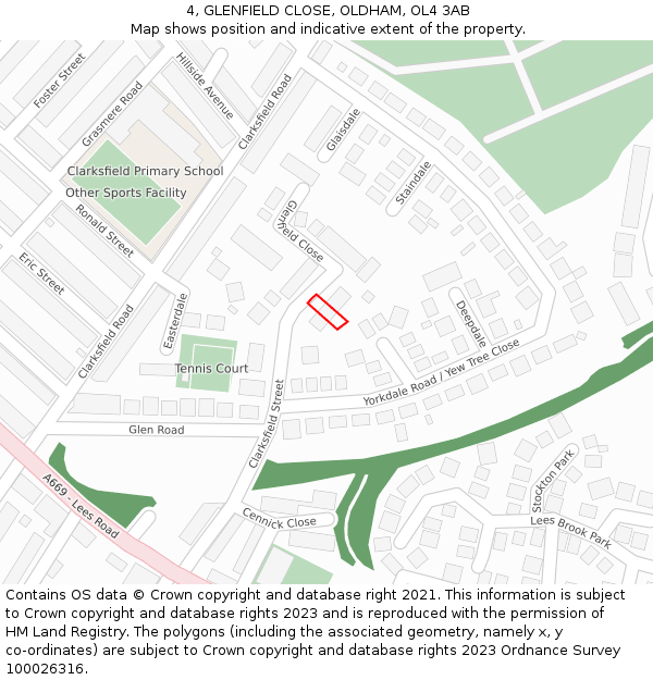 4, GLENFIELD CLOSE, OLDHAM, OL4 3AB: Location map and indicative extent of plot