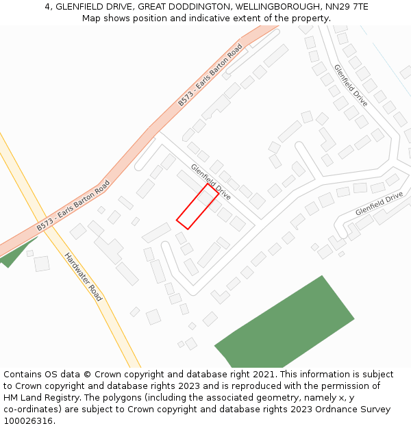 4, GLENFIELD DRIVE, GREAT DODDINGTON, WELLINGBOROUGH, NN29 7TE: Location map and indicative extent of plot