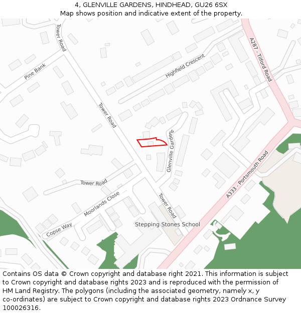 4, GLENVILLE GARDENS, HINDHEAD, GU26 6SX: Location map and indicative extent of plot