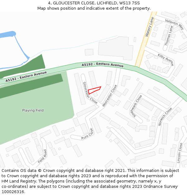 4, GLOUCESTER CLOSE, LICHFIELD, WS13 7SS: Location map and indicative extent of plot