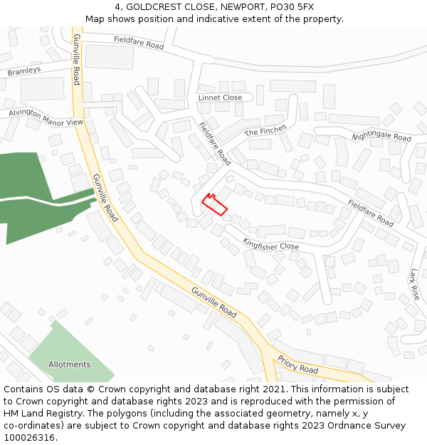 4, GOLDCREST CLOSE, NEWPORT, PO30 5FX: Location map and indicative extent of plot