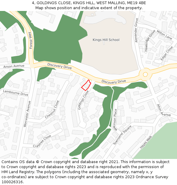 4, GOLDINGS CLOSE, KINGS HILL, WEST MALLING, ME19 4BE: Location map and indicative extent of plot