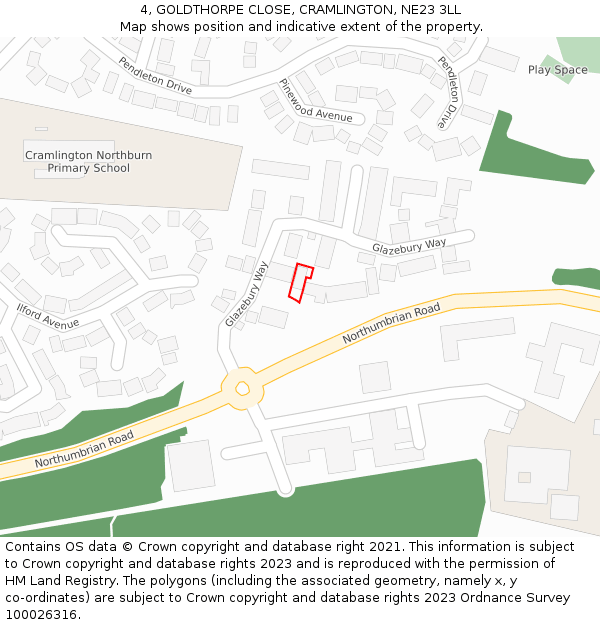 4, GOLDTHORPE CLOSE, CRAMLINGTON, NE23 3LL: Location map and indicative extent of plot