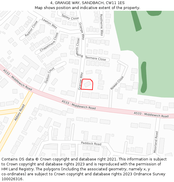 4, GRANGE WAY, SANDBACH, CW11 1ES: Location map and indicative extent of plot
