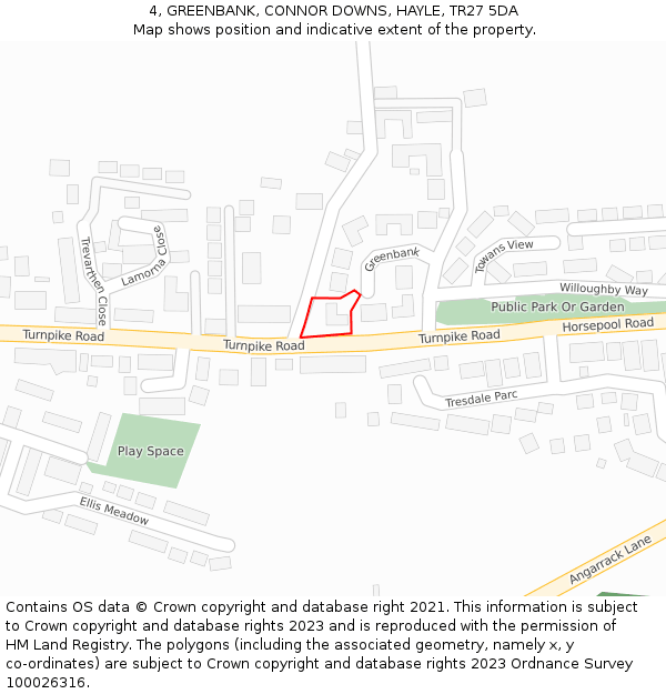 4, GREENBANK, CONNOR DOWNS, HAYLE, TR27 5DA: Location map and indicative extent of plot