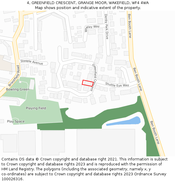 4, GREENFIELD CRESCENT, GRANGE MOOR, WAKEFIELD, WF4 4WA: Location map and indicative extent of plot