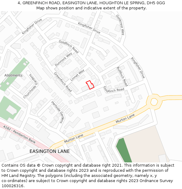 4, GREENFINCH ROAD, EASINGTON LANE, HOUGHTON LE SPRING, DH5 0GG: Location map and indicative extent of plot