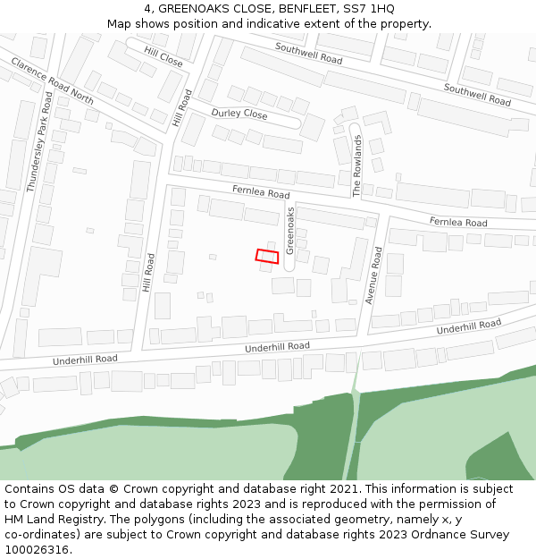 4, GREENOAKS CLOSE, BENFLEET, SS7 1HQ: Location map and indicative extent of plot