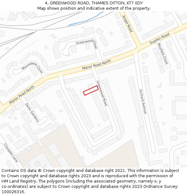 4, GREENWOOD ROAD, THAMES DITTON, KT7 0DY: Location map and indicative extent of plot