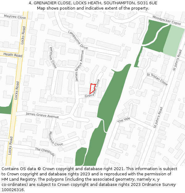 4, GRENADIER CLOSE, LOCKS HEATH, SOUTHAMPTON, SO31 6UE: Location map and indicative extent of plot