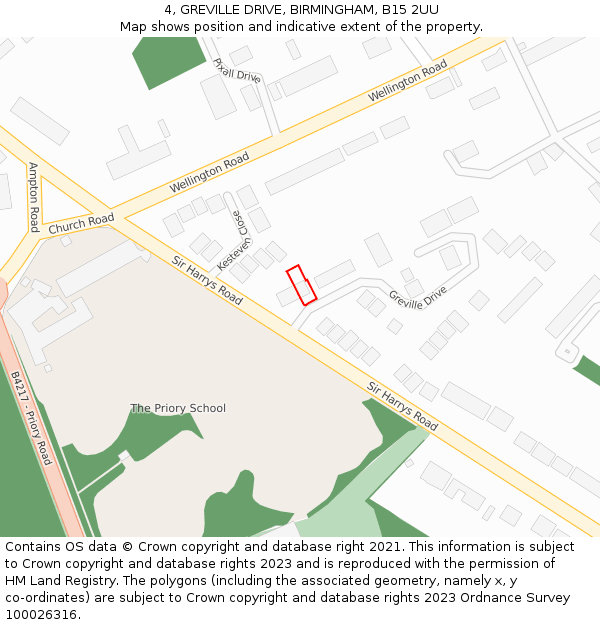 4, GREVILLE DRIVE, BIRMINGHAM, B15 2UU: Location map and indicative extent of plot