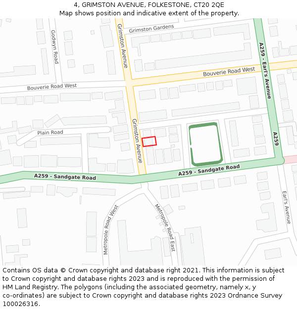 4, GRIMSTON AVENUE, FOLKESTONE, CT20 2QE: Location map and indicative extent of plot