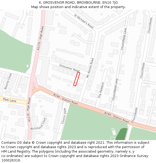 4, GROSVENOR ROAD, BROXBOURNE, EN10 7JG: Location map and indicative extent of plot