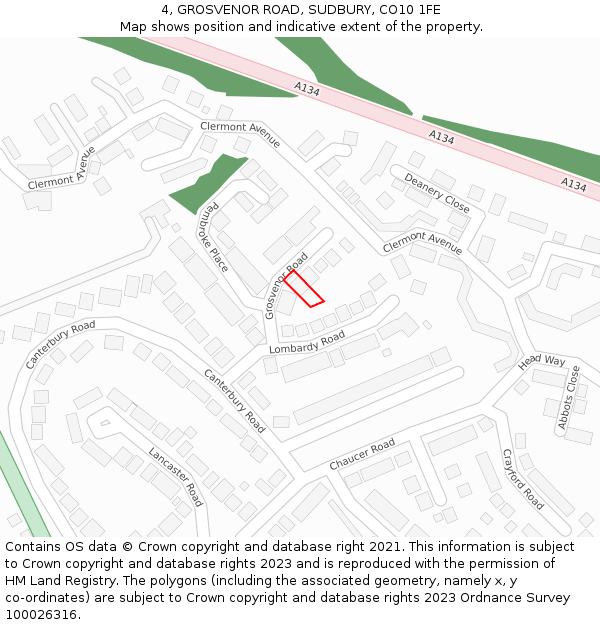 4, GROSVENOR ROAD, SUDBURY, CO10 1FE: Location map and indicative extent of plot