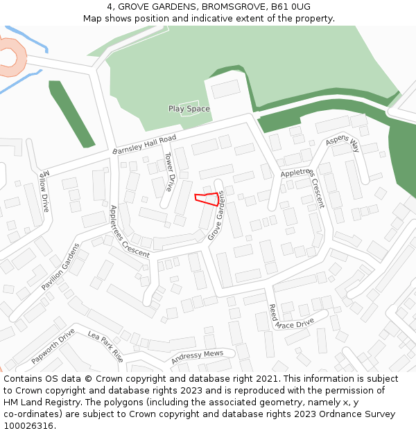 4, GROVE GARDENS, BROMSGROVE, B61 0UG: Location map and indicative extent of plot