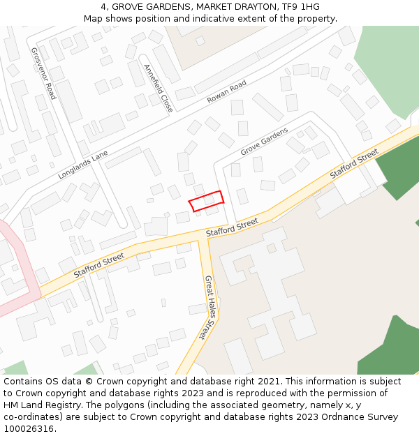 4, GROVE GARDENS, MARKET DRAYTON, TF9 1HG: Location map and indicative extent of plot