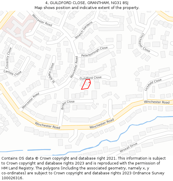 4, GUILDFORD CLOSE, GRANTHAM, NG31 8SJ: Location map and indicative extent of plot