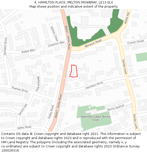 4, HAMILTON PLACE, MELTON MOWBRAY, LE13 0LX: Location map and indicative extent of plot