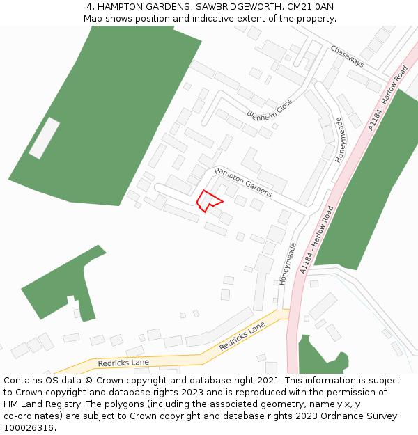 4, HAMPTON GARDENS, SAWBRIDGEWORTH, CM21 0AN: Location map and indicative extent of plot