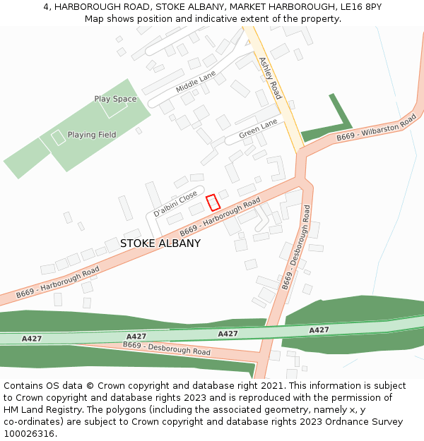 4, HARBOROUGH ROAD, STOKE ALBANY, MARKET HARBOROUGH, LE16 8PY: Location map and indicative extent of plot