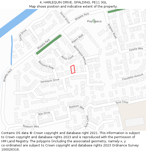 4, HARLEQUIN DRIVE, SPALDING, PE11 3GL: Location map and indicative extent of plot