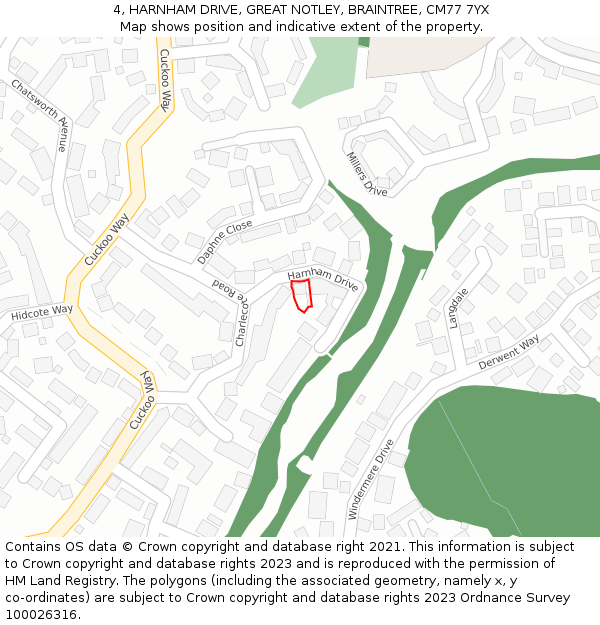 4, HARNHAM DRIVE, GREAT NOTLEY, BRAINTREE, CM77 7YX: Location map and indicative extent of plot