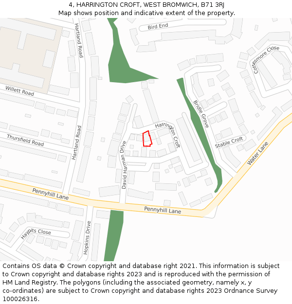 4, HARRINGTON CROFT, WEST BROMWICH, B71 3RJ: Location map and indicative extent of plot
