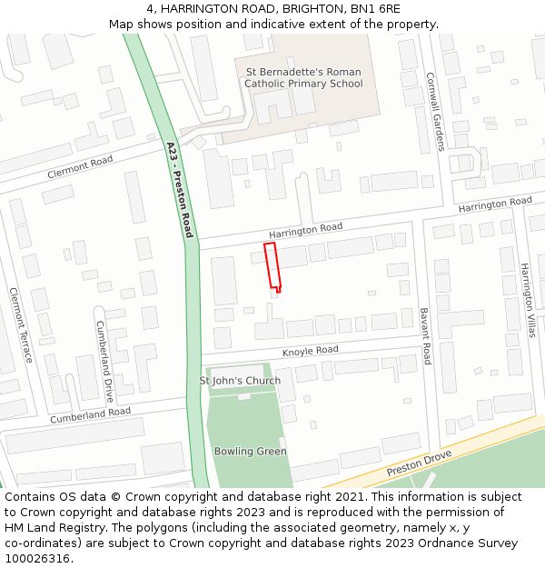 4, HARRINGTON ROAD, BRIGHTON, BN1 6RE: Location map and indicative extent of plot