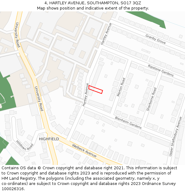 4, HARTLEY AVENUE, SOUTHAMPTON, SO17 3QZ: Location map and indicative extent of plot