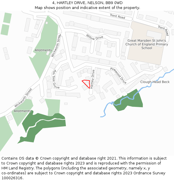 4, HARTLEY DRIVE, NELSON, BB9 0WD: Location map and indicative extent of plot