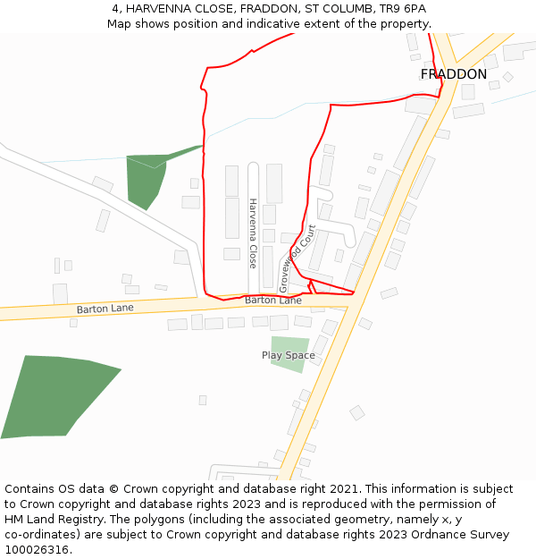 4, HARVENNA CLOSE, FRADDON, ST COLUMB, TR9 6PA: Location map and indicative extent of plot