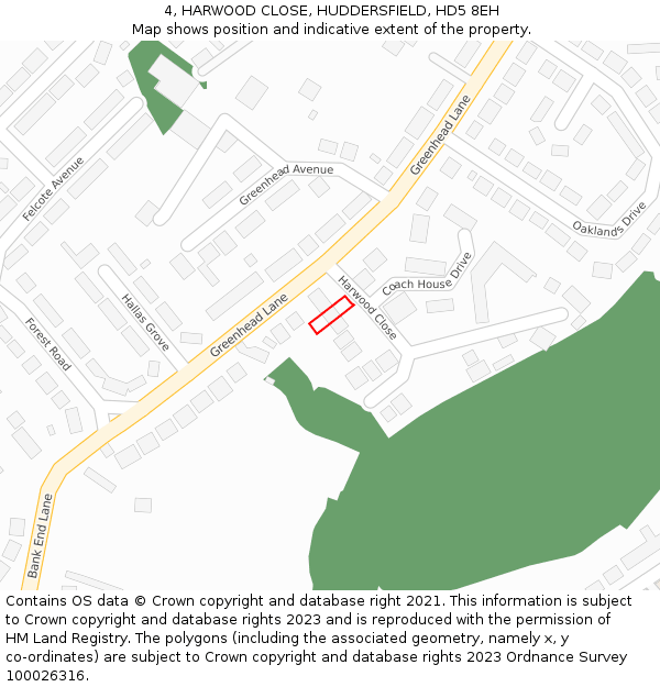 4, HARWOOD CLOSE, HUDDERSFIELD, HD5 8EH: Location map and indicative extent of plot