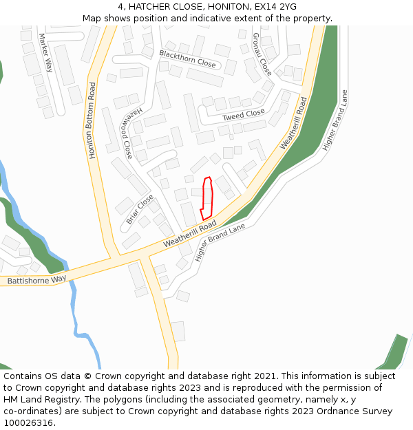 4, HATCHER CLOSE, HONITON, EX14 2YG: Location map and indicative extent of plot