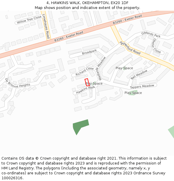 4, HAWKINS WALK, OKEHAMPTON, EX20 1DF: Location map and indicative extent of plot