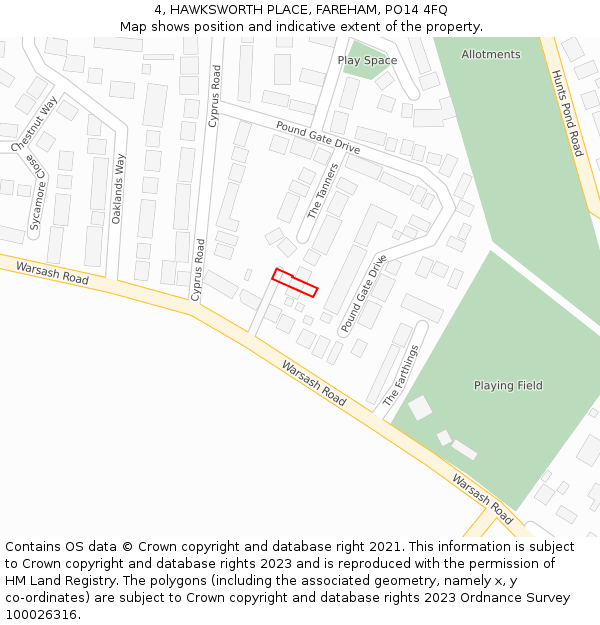 4, HAWKSWORTH PLACE, FAREHAM, PO14 4FQ: Location map and indicative extent of plot