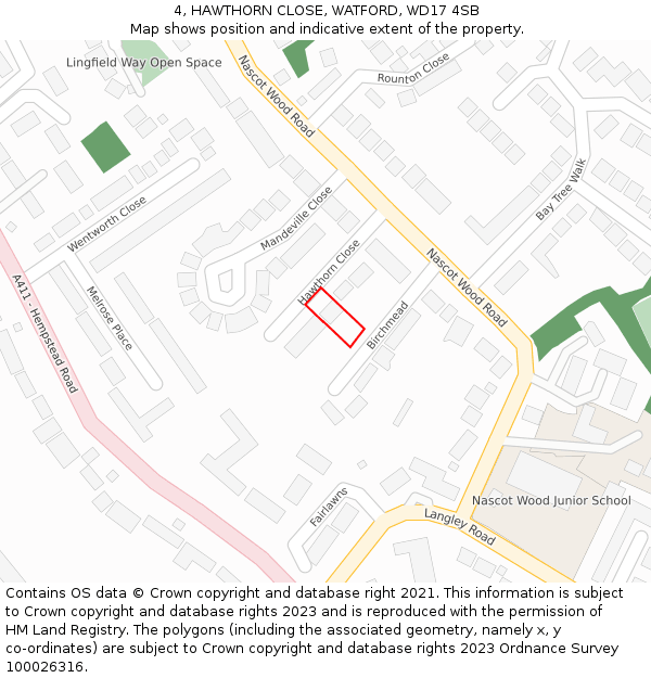 4, HAWTHORN CLOSE, WATFORD, WD17 4SB: Location map and indicative extent of plot