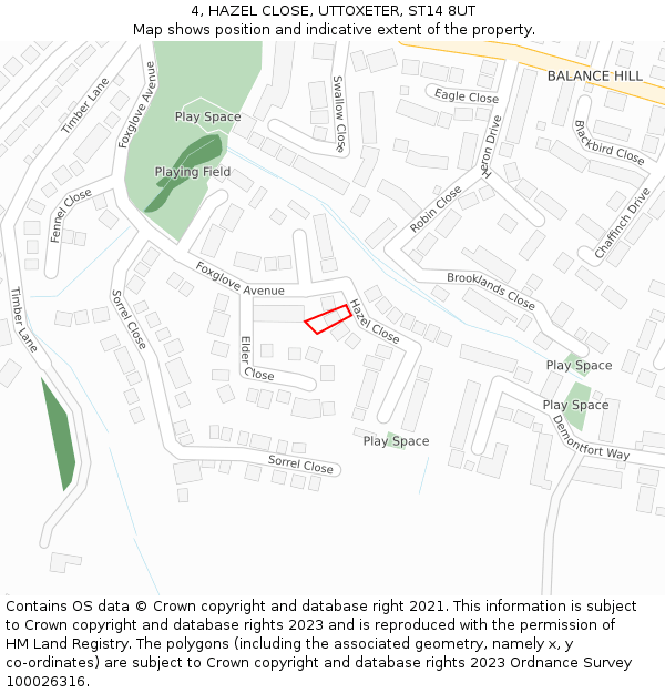 4, HAZEL CLOSE, UTTOXETER, ST14 8UT: Location map and indicative extent of plot