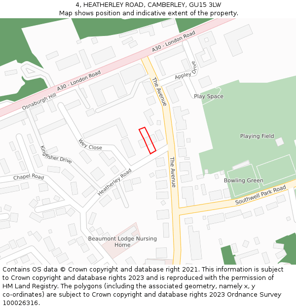 4, HEATHERLEY ROAD, CAMBERLEY, GU15 3LW: Location map and indicative extent of plot